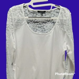 Ambiance Womens Blouse White Size S Cotton Blend Lace Long Sleeve Pullover